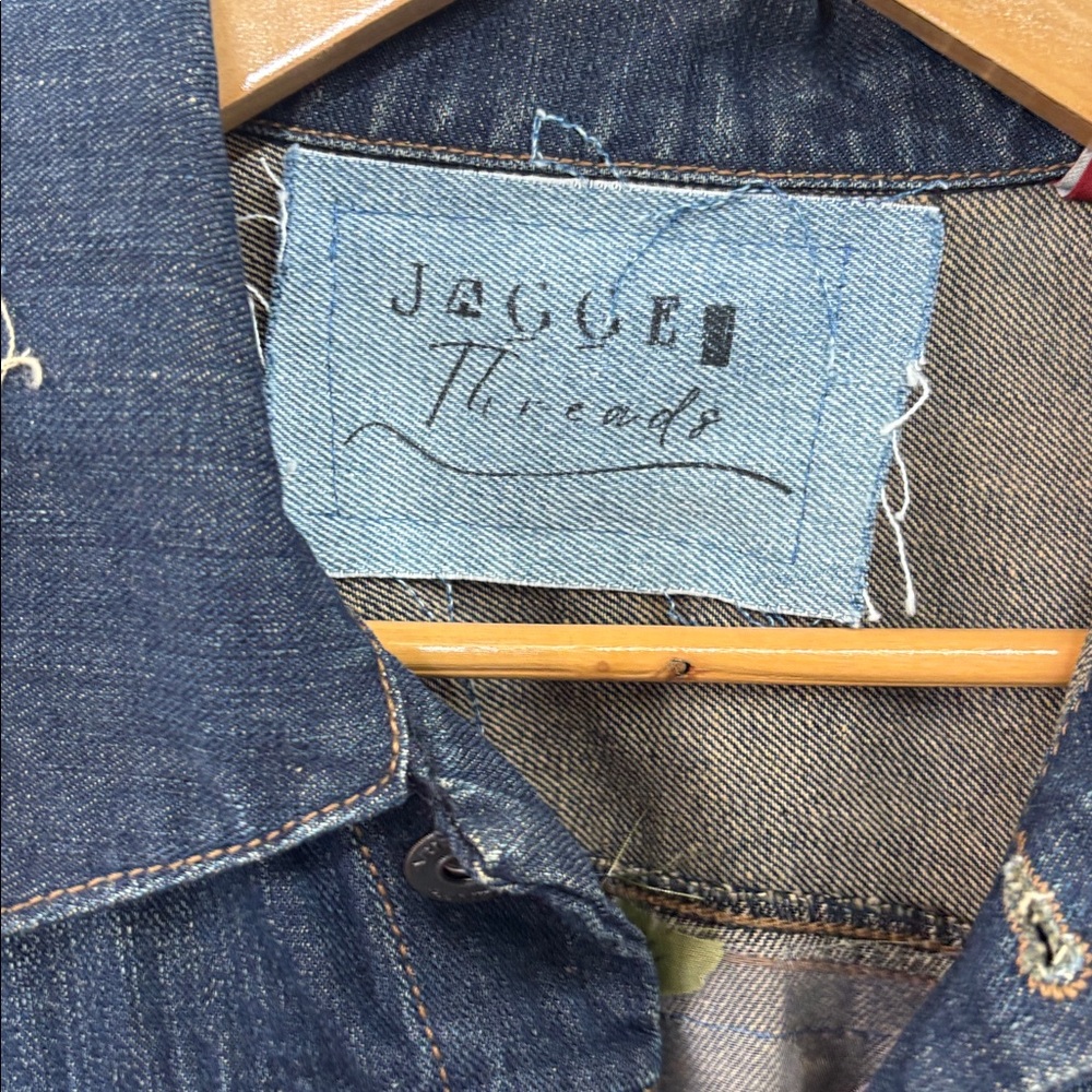 Repurposed Denim Jacket with Red Floral Lace Inset by Jagged Threads - Picture 4 of 5